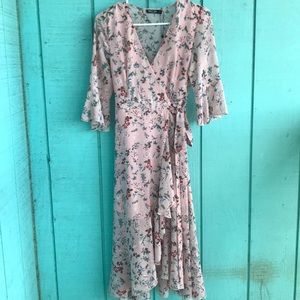 Pink Floral Asymmetrical Wrap Dress
